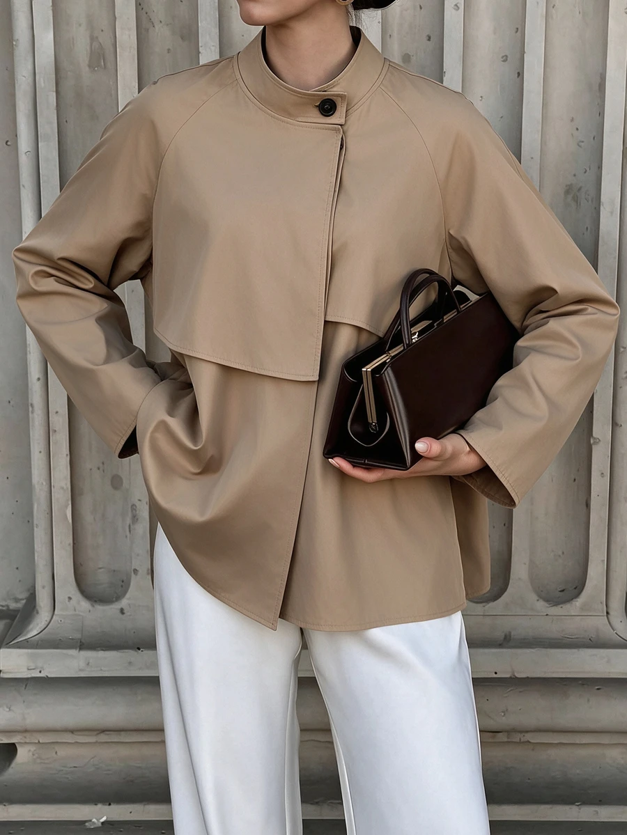 Flora Isola Flora Isola Autumn/Winter Women's Khaki Woven Trench Coat, Stand Collar, Button-Front, Loose Fit, Dropped Shoulder Design, Mid-Length Versatile Jacket For Daily Commute And Travel - Khaki - View 1
