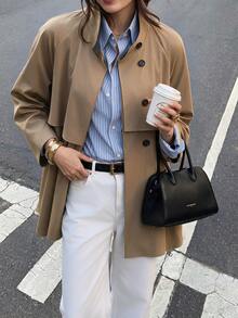 Flora Isola Flora Isola Autumn/Winter Women's Khaki Woven Trench Coat, Stand Collar, Button-Front, Loose Fit, Dropped Shoulder Design, Mid-Length Versatile Jacket For Daily Commute And Travel - Khaki - View 4
