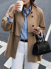 Flora Isola Flora Isola Autumn/Winter Women's Khaki Woven Trench Coat, Stand Collar, Button-Front, Loose Fit, Dropped Shoulder Design, Mid-Length Versatile Jacket For Daily Commute And Travel - Khaki - View 6