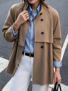 Flora Isola Flora Isola Autumn/Winter Women's Khaki Woven Trench Coat, Stand Collar, Button-Front, Loose Fit, Dropped Shoulder Design, Mid-Length Versatile Jacket For Daily Commute And Travel - Khaki - View 5