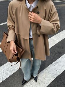 Flora Isola Flora Isola Autumn/Winter Women's Khaki Woven Trench Coat, Stand Collar, Button-Front, Loose Fit, Dropped Shoulder Design, Mid-Length Versatile Jacket For Daily Commute And Travel - Khaki - View 3