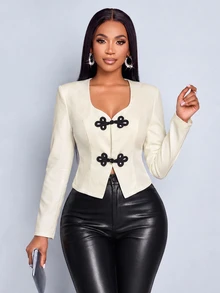 SOLERSUN Women's Apricot Cropped Blazer Jacket, Slim Fit Long Sleeve Suit Coat With Chinese Style Frog Buttons, Elegant Outerwear For Work, Date & Weekend - Apricot - View 8