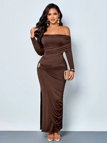 SOLERSUN Women's Elegant Brown Off-Shoulder Fitted Hem Slit Long Dress Pleated Metal Buckle Decor Date Party Wear - Brown - View 6
