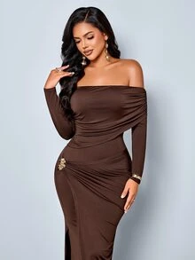 SOLERSUN Women's Elegant Brown Off-Shoulder Fitted Hem Slit Long Dress Pleated Metal Buckle Decor Date Party Wear - Brown - View 8