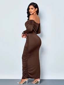SOLERSUN Women's Elegant Brown Off-Shoulder Fitted Hem Slit Long Dress Pleated Metal Buckle Decor Date Party Wear - Brown - View 2