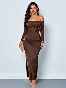 SOLERSUN Women's Elegant Brown Off-Shoulder Fitted Hem Slit Long Dress Pleated Metal Buckle Decor Date Party Wear - Brown - View 5