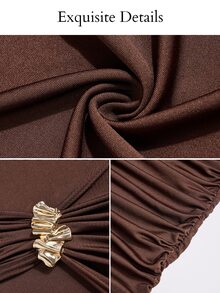 SOLERSUN Women's Elegant Brown Off-Shoulder Fitted Hem Slit Long Dress Pleated Metal Buckle Decor Date Party Wear - Brown - View 9