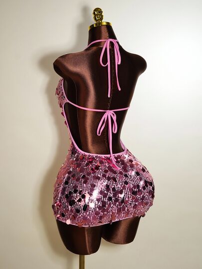 Mistrie Hot Pink Summer 70s Night Out Party Sleeveless Halter Top Sequined Shiny Material Mini Tight Short Dress,Luxurious High-End Birthday Gown Ladies