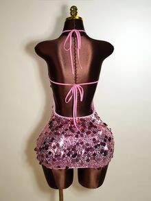 Mistrie 全新设计的性感无袖领口露背上衣亮片闪亮材质女士迷你紧身短裙，奢华年轻女士风格，高端性感女孩生日派对礼服，女士派对正式晚礼服。 - 粉色 - 查看 3