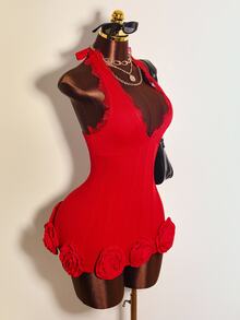 Mistrie 女款時尚性感 3D 花卉裝飾露背掛脖迷你洋裝 派對夜店紅色夏季款 - 紅色 - 查看 6