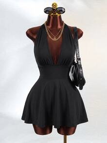 Mistrie Black Tight-Fitting Romper With Deep V-Neck, Backless Strap - Black - View 3