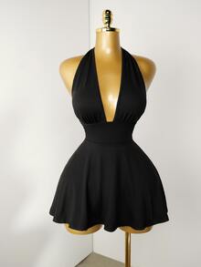 Mistrie Black Tight-Fitting Romper With Deep V-Neck, Backless Strap - Black - View 8
