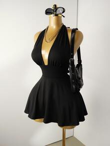 Mistrie Black Tight-Fitting Romper With Deep V-Neck, Backless Strap - Black - View 6