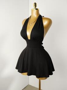 Mistrie Black Tight-Fitting Romper With Deep V-Neck, Backless Strap - Black - View 5