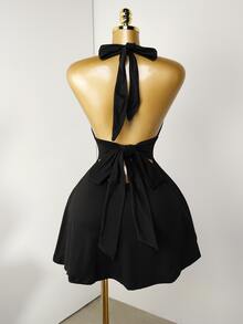 Mistrie Black Tight-Fitting Romper With Deep V-Neck, Backless Strap - Black - View 4