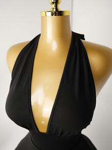 Mistrie Black Tight-Fitting Romper With Deep V-Neck, Backless Strap - Black - View 9