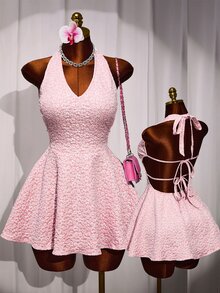 Mistrie The Lady's New Sexy Deep V-Neck Collar-Belt Dress, With A Backless And Sexy Design, Textured Flower - Pink - View 2