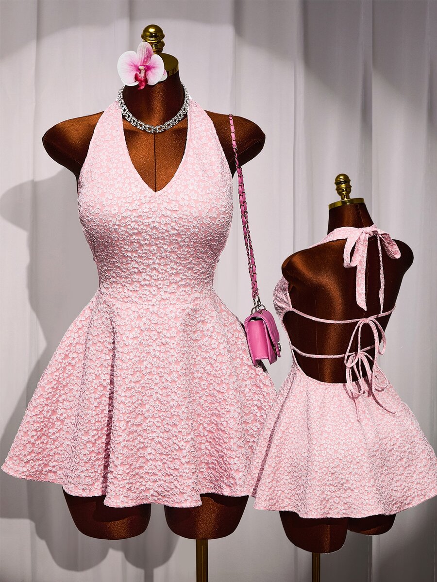 Mistrie The Lady's New Sexy Deep V-Neck Collar-Belt Dress, With A Backless And Sexy Design, Textured Flower