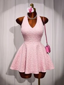 Mistrie The Lady's New Sexy Deep V-Neck Collar-Belt Dress, With A Backless And Sexy Design, Textured Flower - Pink - View 7