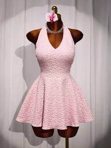 Mistrie The Lady's New Sexy Deep V-Neck Collar-Belt Dress, With A Backless And Sexy Design, Textured Flower - Pink - View 5