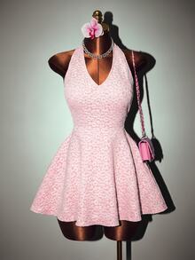 Mistrie The Lady's New Sexy Deep V-Neck Collar-Belt Dress, With A Backless And Sexy Design, Textured Flower - Pink - View 3