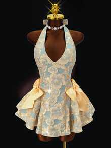 Mistrie Sleeveless Halter Neck Textured Jacquard Cinched Waist Zipper Contrast Color Big Bow Short A-Line Dress - Blue - View 1
