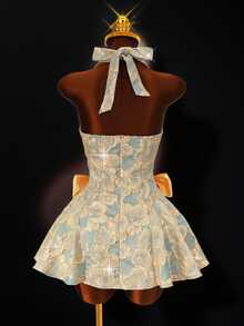 Mistrie Sleeveless Halter Neck Textured Jacquard Cinched Waist Zipper Contrast Color Big Bow Short A-Line Dress - Blue - View 3