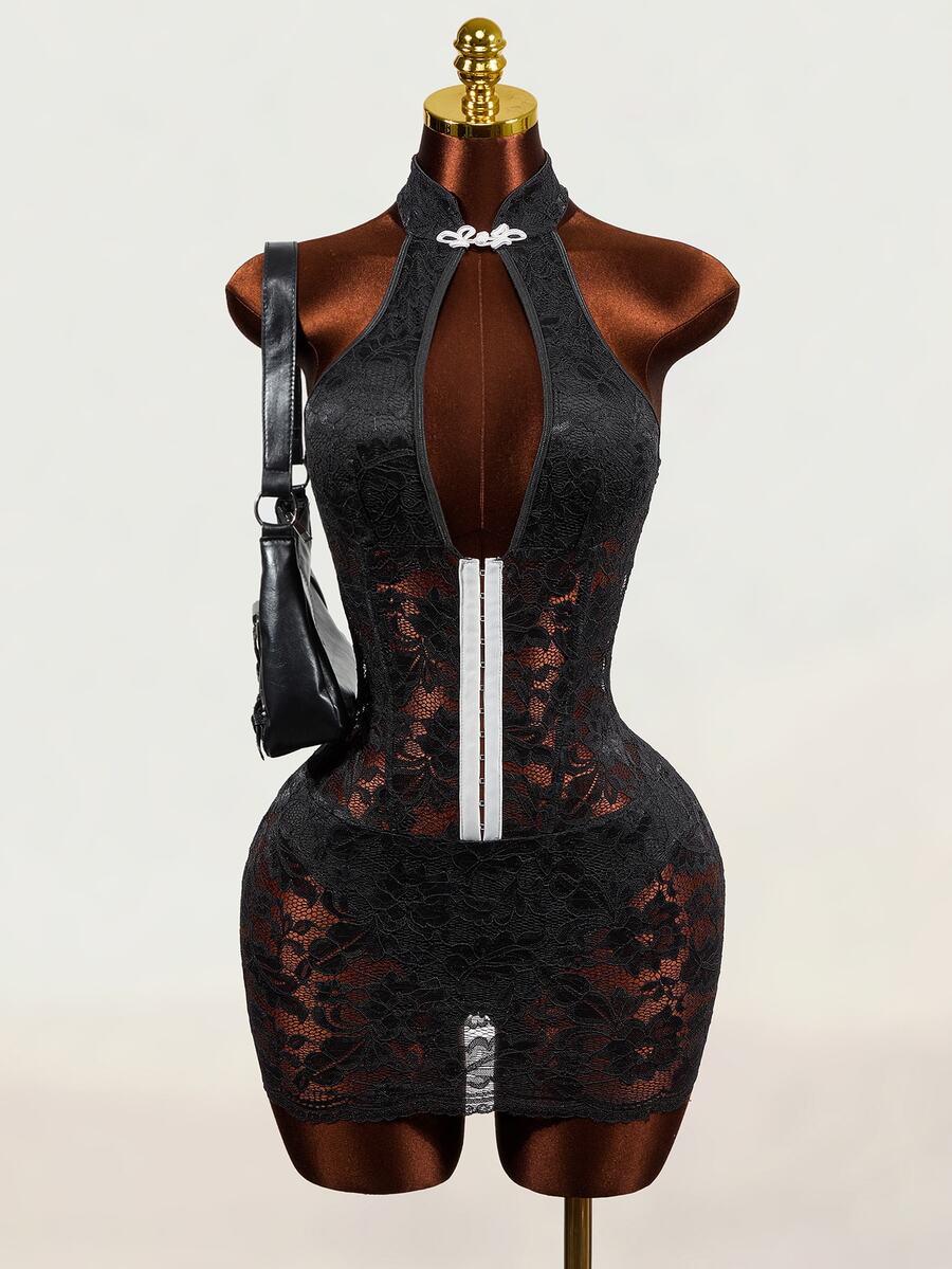 Mistrie 2026 Spring/Summer New Chinese Style Lace Sexy Sheer Contrast Color Frog Button Elastic Women's Short Dress For Date And Party