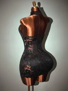 Mistrie 2026 Spring/Summer New Chinese Style Lace Sexy Sheer Contrast Color Frog Button Elastic Women's Short Dress For Date And Party - Black and White - View 3
