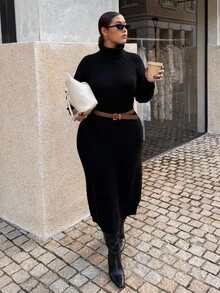 SHEIN Privé 大码舒适休闲简约高领宽松厚实保暖毛衣女装，黑色，冬季 - 黑色 - 查看 6
