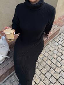 SHEIN Privé 大码舒适休闲简约高领宽松厚实保暖毛衣女装，黑色，冬季 - 黑色 - 查看 7