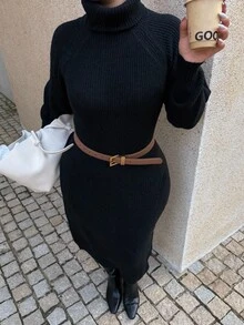 SHEIN Privé 大码舒适休闲简约高领宽松厚实保暖毛衣女装，黑色，冬季 - 黑色 - 查看 4