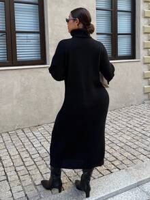 SHEIN Privé 大码舒适休闲简约高领宽松厚实保暖毛衣女装，黑色，冬季 - 黑色 - 查看 2