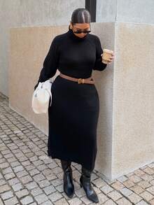 SHEIN Privé 大码舒适休闲简约高领宽松厚实保暖毛衣女装，黑色，冬季 - 黑色 - 查看 3