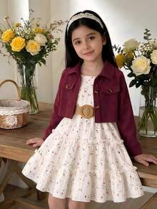 SHEIN Elladie kids 2件組女童秋季家庭套裝 時尚翻領長袖外套＋彈性腰花卉印花洋裝 休閒穿搭 1歲生日適用 - 酒紅色 - 查看 1