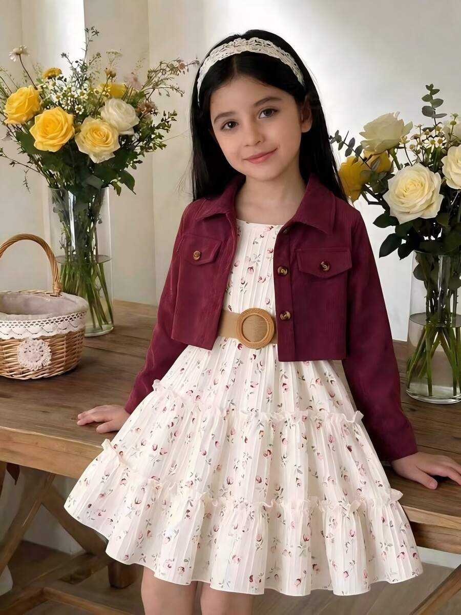 SHEIN Elladie kids 2件組女童秋季家庭套裝 時尚翻領長袖外套＋彈性腰花卉印花洋裝 休閒穿搭 1歲生日適用 - 酒紅色 - 查看 1