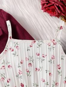 SHEIN Elladie kids 2件組女童秋季家庭套裝 時尚翻領長袖外套＋彈性腰花卉印花洋裝 休閒穿搭 1歲生日適用 - 酒紅色 - 查看 3