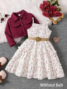 SHEIN Elladie kids 2件組女童秋季家庭套裝 時尚翻領長袖外套＋彈性腰花卉印花洋裝 休閒穿搭 1歲生日適用 - 酒紅色 - 查看 9