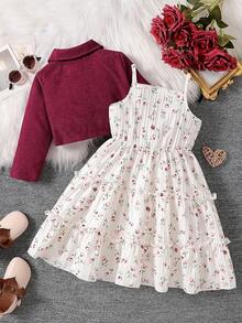 SHEIN Elladie kids 2件組女童秋季家庭套裝 時尚翻領長袖外套＋彈性腰花卉印花洋裝 休閒穿搭 1歲生日適用 - 酒紅色 - 查看 2