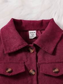 SHEIN Elladie kids 2件組女童秋季家庭套裝 時尚翻領長袖外套＋彈性腰花卉印花洋裝 休閒穿搭 1歲生日適用 - 酒紅色 - 查看 7