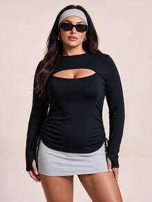 CourtClass Women's Plus Size Spring/Autumn/Winter Slimming Yoga Workout Sports Running Tennis Outdoor Brushed Hollow Chest Drawstring Long Sleeve Top Black - Black - View 5