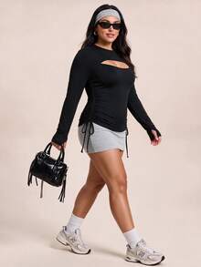 CourtClass Women's Plus Size Spring/Autumn/Winter Slimming Yoga Workout Sports Running Tennis Outdoor Brushed Hollow Chest Drawstring Long Sleeve Top Black - Black - View 4