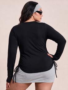 CourtClass Women's Plus Size Spring/Autumn/Winter Slimming Yoga Workout Sports Running Tennis Outdoor Brushed Hollow Chest Drawstring Long Sleeve Top Black - Black - View 2