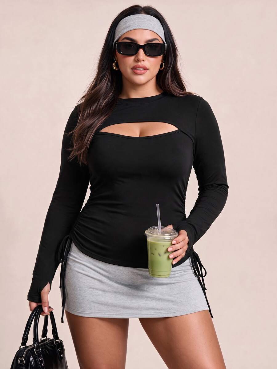 CourtClass Women's Plus Size Spring/Autumn/Winter Slimming Yoga Workout Sports Running Tennis Outdoor Brushed Hollow Chest Drawstring Long Sleeve Top Black - Black - View 1
