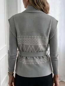 Omancia Retro Elegant Geometric Pattern Shawl Collar Lace Up Women's Knitted Cardigan, Office Back To School Outfit, Women's Autumn Outfit. - Grey - View 2