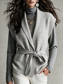 Omancia Retro Elegant Geometric Pattern Shawl Collar Lace Up Women's Knitted Cardigan, Office Back To School Outfit, Women's Autumn Outfit. - Grey - View 1
