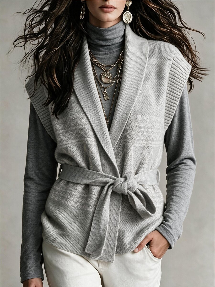 Omancia Retro Elegant Geometric Pattern Shawl Collar Lace Up Women's Knitted Cardigan, Office Back To School Outfit, Women's Autumn Outfit. - Grey - View 1