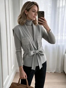 Omancia Retro Elegant Geometric Pattern Shawl Collar Lace Up Women's Knitted Cardigan, Office Back To School Outfit, Women's Autumn Outfit. - Grey - View 7