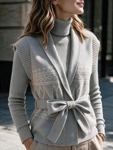 Omancia Retro Elegant Geometric Pattern Shawl Collar Lace Up Women's Knitted Cardigan, Office Back To School Outfit, Women's Autumn Outfit. - Grey - View 4