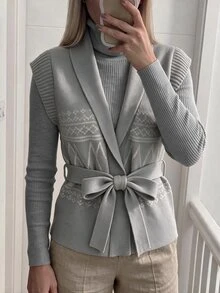 Omancia Retro Elegant Geometric Pattern Shawl Collar Lace Up Women's Knitted Cardigan, Office Back To School Outfit, Women's Autumn Outfit. - Grey - View 6